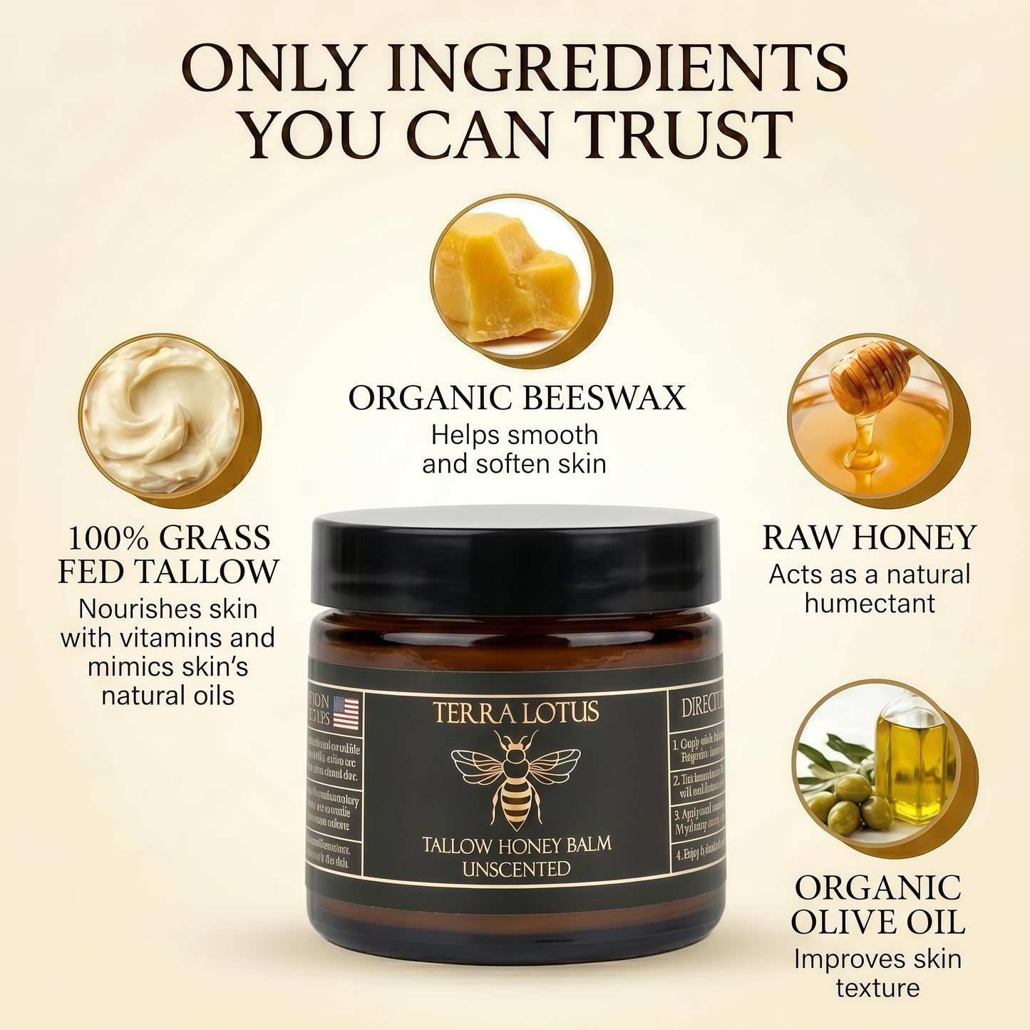 Terra Lotus - Organic Grass-Fed Beef Tallow Balm with Raw Honey - Moisturizing Cream for Soft, Smooth Skin - Handmade All-Natural Moisturizer,(4 Oz, Lavender,Citrus)