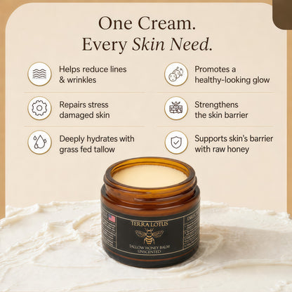 Terra Lotus - Organic Grass-Fed Beef Tallow Balm with Raw Honey - Moisturizing Cream for Soft, Smooth Skin - Handmade All-Natural Moisturizer,(4 Oz, Lavender,Citrus)